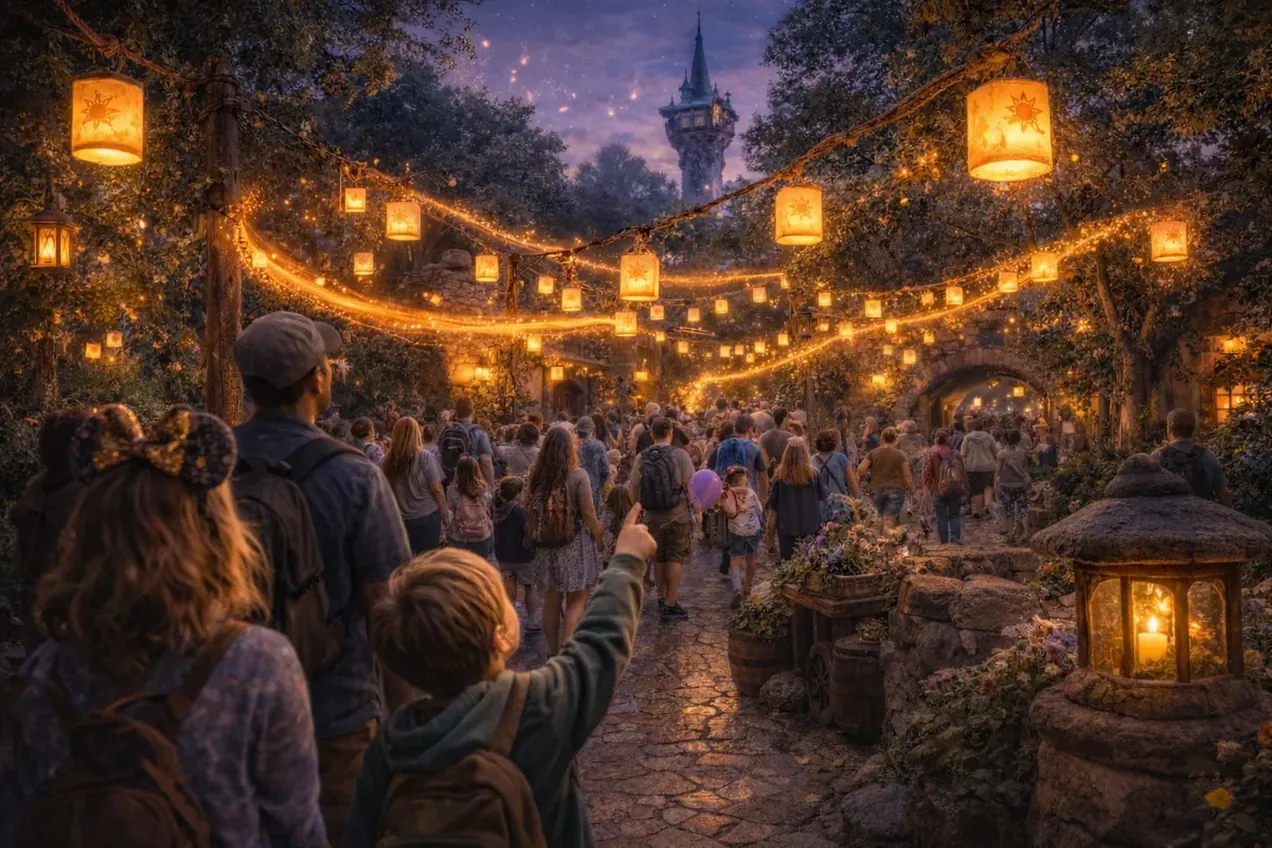 A glowing trail winding through a lantern-lit theme park at dusk